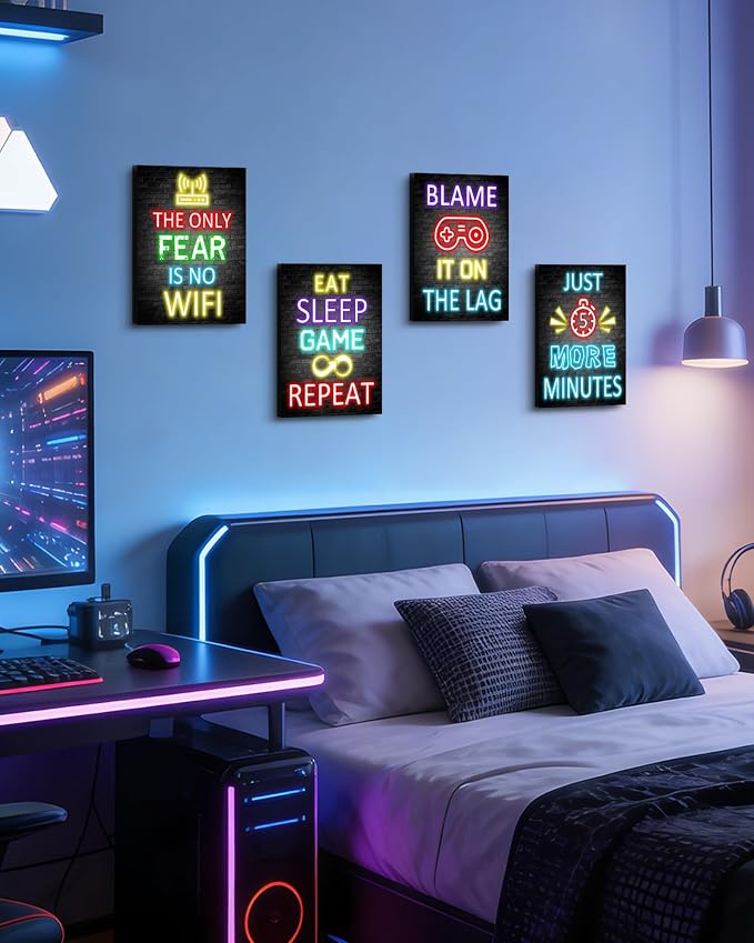 KUVIOKE Video Gamer Room Decor for Teen Boys Gaming Wall Art Gamer Neon Sign Teenage Bedroom Decor Ready to Hang Set of 4, 12x16in (Framed) by KUVIOKE