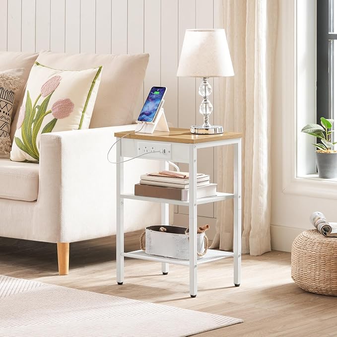 HOOBRO Side Table with Charging Station and USB Port, Small End Table for Small Space, 3-Tier Nightstand with Adjustable Shelf, for Living Room, Bedroom, Natural and White WN112BZ01 - Image 2