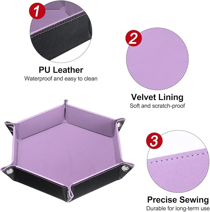 HARFINGTON PU Leather Dice Tray Unisex Valet Tray Folding Hexagon Tray Portable Entryway Table Nightstand Bedside Desk Holder for Key Wallet Watch Coin Jewelry, Light Purple - Image 4
