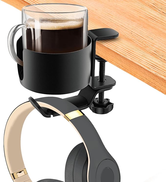 OOKUU 2 in 1 Desk Cup Holder with Headphone Hanger, Anti-Spill Cup Holder for Desk or Table, Easy to Install, Sturdy and Durable, Enough to Hold Coffee Mups, Water Bottles, Headphones by OOKUU