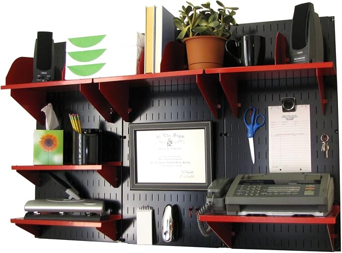 Wall Control Office Organizer Unit Wall Mounted Office Desk Storage and Organization Kit Black Slotted Wallboards and Red Accessories by Wall+Control