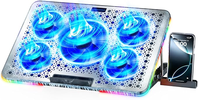 LIANGSTAR Laptop Cooling Pad, Laptop Cooler Gaming 5 Quiet Fans with Large Metal Plate for 12-17.3 Inch Fan Stable Stand, 4 Modes RGB Light, 7 Height & Adjust Speed, 2 USB Port & Phone Holder by LIANGSTAR