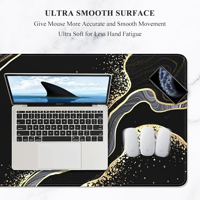 Auhoahsil Extended Mouse Pad, XXL Desk Pad Gaming Mousepad, Large Big Laptop Computer Keyboard Desk Mat with Non-Slip Base Stitched Edge for Gaming Office Men Women, 35.5 x 15.7 in, Black Marble - Image 3