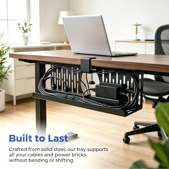 Under Desk Cable Management Tray, Cord Organizer for Desk Cable Management Tray Under Desk with Clamp for Home Office, Standing Desk(1Pack，Black) - Image 5