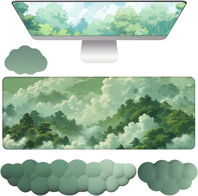 Green Cloud Mouse Pad and Keyboard Wrist Rest 4PCS Extended Forest Mountain Aesthetic Large Desk Mat Pad Set Memory Foam Non-Slip Cute Ergonomic Gaming Mouse Pad Wrist Support for Computer Home Office by WFCYGL