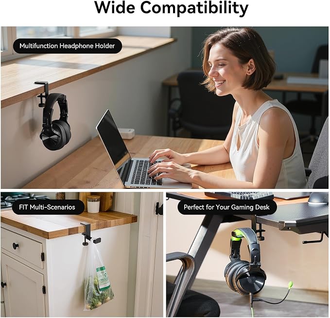 OneOdio MTL99 Foldable Headphone Stand, Metal Headset Holder Space-Saving Table Hook, Clamp-on Under Desk Hanger, Universal Fit Gaming Headphones Mount, Black - Image 3