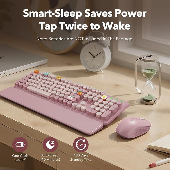 Wireless Keyboard and Mouse Combo, Full-Size Typewriter-Style Keyboard with Round Keycaps, Magnetic Wrist Rest, Tilt Legs, 2.4GHz Cordless for Mac, Windows PC, Laptop, SABLUTE CK23, Dusty Rose - Image 5