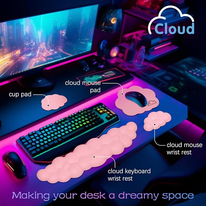4 in 1 Ergonomic Leather Cloud Wrist Rest Keyboard and Mouse Pad & Coaster | Full 4-Piece Set, Non-Slip PU Base, Soft Memory Foam Comfort For Long Work/Gaming Hours, Cute Desk Decor, Easy To Clean - Image 2