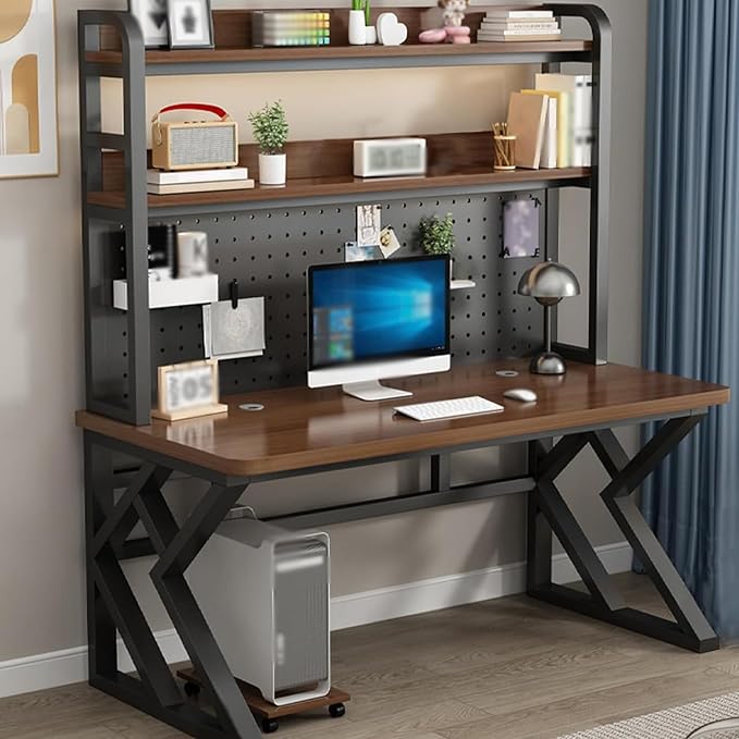 Computer Desk with Pegboard, Gaming Desk with Storage Shelves, PC Gamer Workstation Desk, Modern Study Writing Table for Home Office Bedroom (Brown, 31.5in/80cm) by Unknown