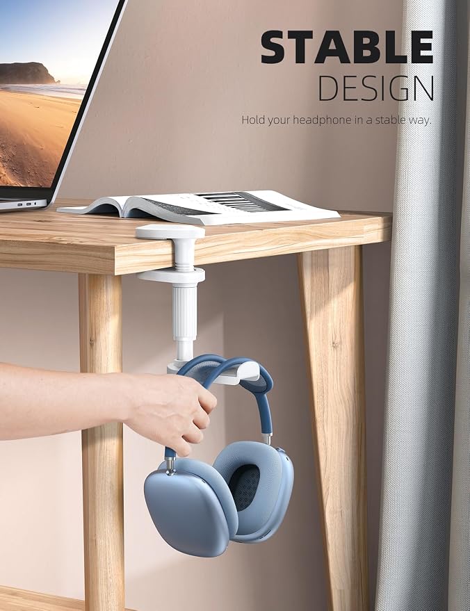 Lamicall Headphone Stand, Headset Holder - [2025 Upgarded] 360° Rotating Headphone Hanger, Earphone Holder Hook Mount Clamp Under Desk for Airpods Max, Sennheiser, More, White - Image 3
