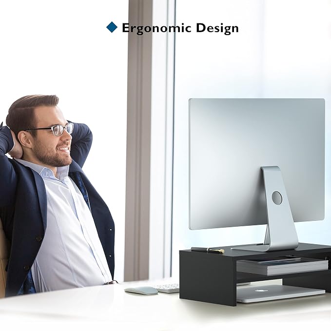 BONTEC Wooden Monitor Stand Riser for Desk, 2-Tier Computer Monitor Stand | 66 lbs Desk Shelf Organizer with Storage, Laptop & Printer Stand with Phone Holder and Cable Management, Black, 16.5 Inch - Image 5