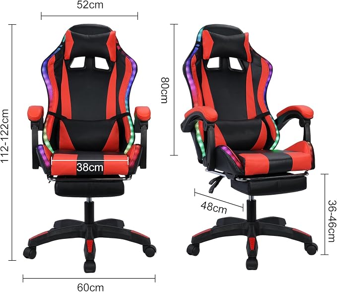 Gaming Chair with Bluetooth Speakers & Lights,Ergonomic High-Back Office Chair with Headrest & 135° Recline, 360° Swivel Height Adjustable Faux Leather Computer Chair for Gaming, Office & Study - Image 5
