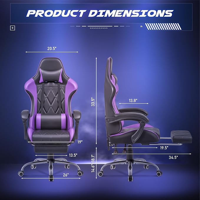 Homall Gaming Chair, Computer Chair with Footrest and Massage Lumbar Support, Ergonomic High Back Video Game Chair with Swivel Seat and Headrest (Purple) - Image 3