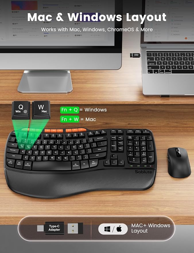 Ergonomic Wireless Keyboard and Mouse Combo, Full Size Wave, Natural Typing - Image 5