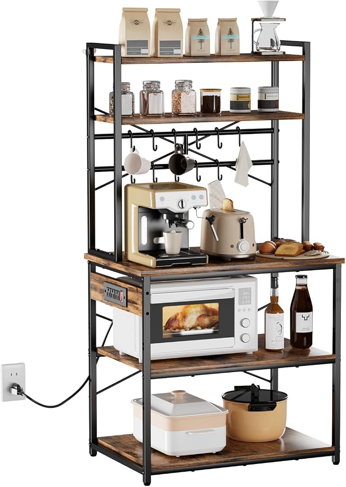 VEVOR Kitchen Bakers Rack with Power Outlets, 31.5 x 15.7 x 63.7Inch Microwave Stand with Built-in Power Strip & 5 Ft Cord, 12 S-Shaped Hooks, for Dish Storage, Spice Jars, Coffee Bar Organization - Image 9