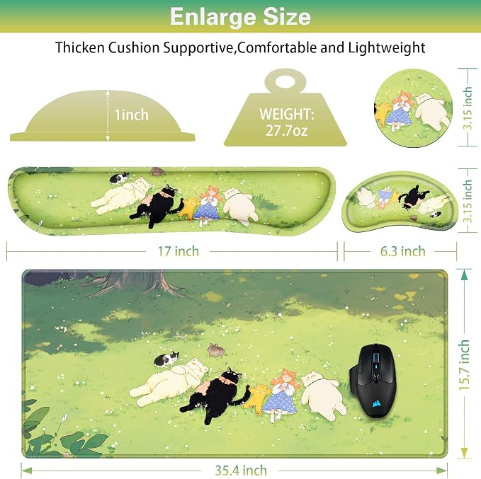 Canjoy Desk Mat with Wrist Rest, Anime Desk Pad for Keyboard and Mouse 4-in-1 Cute Cat Mouse Pad + Keyboard Wrist Rest+ Coaster(35.4×15.7 in) Extended Desk Pad Memory Foam Non-Slip Desk Mat - Image 6