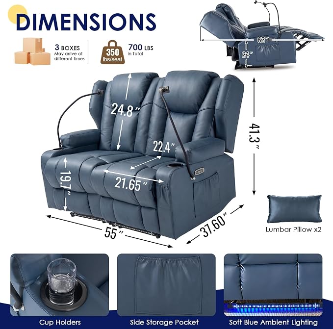 Redlife Power Loveseat Recliner Sofa with Blue LED Base Lights - Image 3