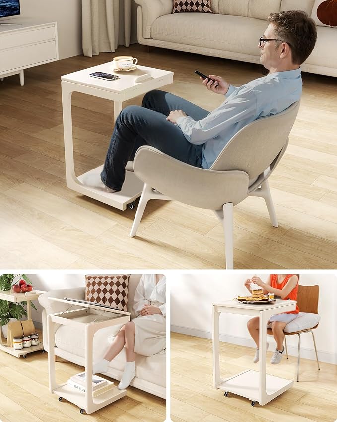 AQIMUELE Wooden C-Shaped End Table,Couch Table with Adjustable Desktop,Small Rolling Side Table with 2 Lockable Wheels,Small End Table for Couch, Living Room,Bedroom (White) - Image 7
