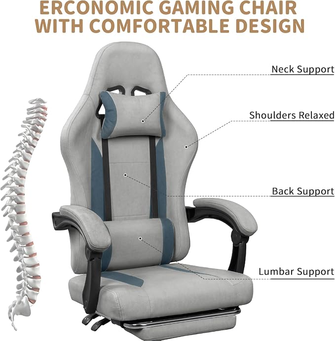 Breathable Fabric Gaming Chair with Footrest - Light Grey/Blue | 90°-135° Recline, 18.5”-22.4” Height Adjust, Breathable Fabric, Footrest for Rest, for Gaming/Office, 15 Min Assembly - Image 5