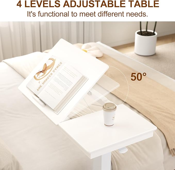 Muwuele Solid Wood Overbed Bedside Table with Wheels, Adjustable Medical Tilt Top Hospital Bed Table Over The Bed, Rolling Laptop Desk, Mobile Standing Desk for Hospital and Home Use (White) - Image 5