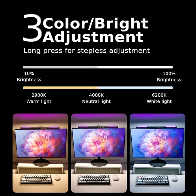 BY-J Computer Monitor Light Bar, Screen Monitor Lamp for Eye Caring, e-Reading LED Task Lamp with Stepless Adjustment, Touch Control, No Screen Glare Space Saving - Image 3
