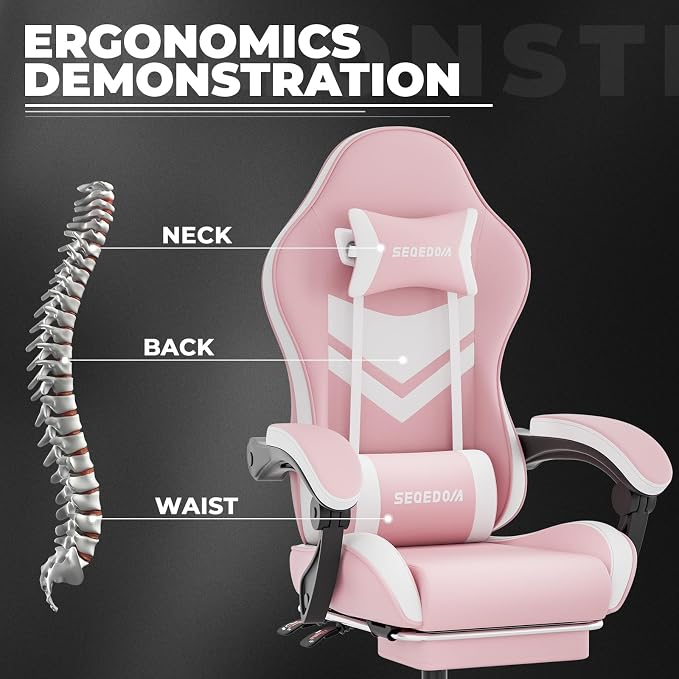 Gaming Chair with Footrest & Massage Lumbar Support, PU Leather Ergonomic High Back Swivel Height Adjustable Chair for Adults, Office Gaming, 300 lbs (Pink White) - Image 7