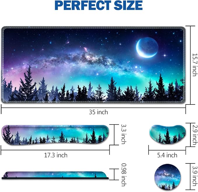 AIMSA Large Gaming Mouse Pad Set, Keyboard Wrist Rest Support + Extended Mouse Pad + Mouse Wrist Cushion + Coaster, Ergonomic Memory Foam Multifunctional Desk Mat 35x15.7inch (Forest Moon Sky) - Image 7