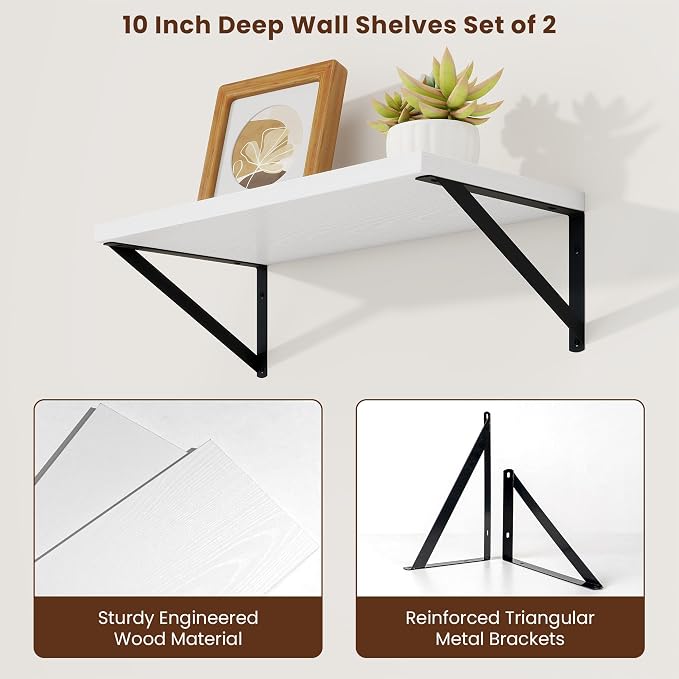 Axeman 20 Inch Floating Shelves, 10 Inch Deep White Wall Shelves Set of 2 - Image 5