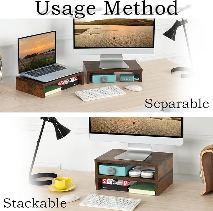 TEAMIX 2-Pack Wood Monitor Riser, Desk Stand for 2 Monitors, Rustic Brown | Holds 80Lbs, Stacked/Separate Use, 2 Tier Adjustable, Use as Laptop/TV Riser, Computer Stand for Home Office Desk, Gaming - Image 2