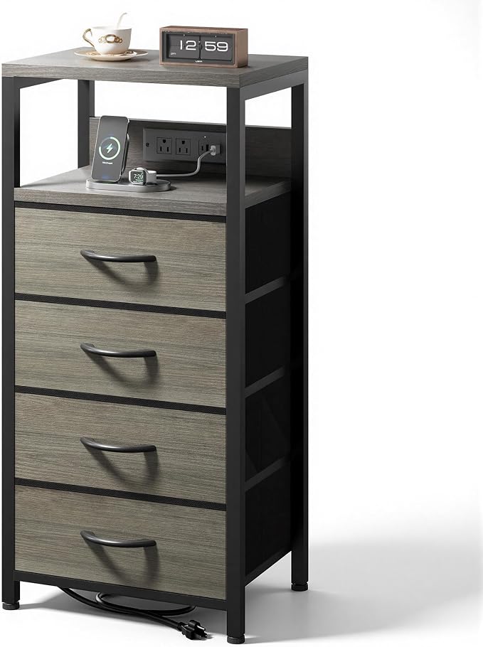 Lazzanto Night Stand with Charger Station, 4 Fabric Drawers, Grey by Lazzanto