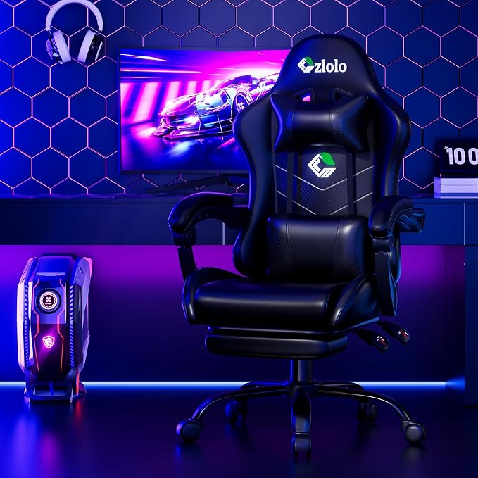 Czlolo Gaming Chair with Footrest Racing Style Lumbar Support Massager Video Game Chair with Metal Legs, High Back Gamer Chair with Headrest, 360° Swivel Office Computer Desk Chair (Black) - Image 9