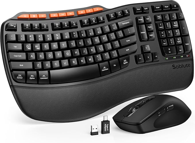 Ergonomic Wireless Keyboard and Mouse Combo, Full Size Wave, Natural Typing by SABLUTE