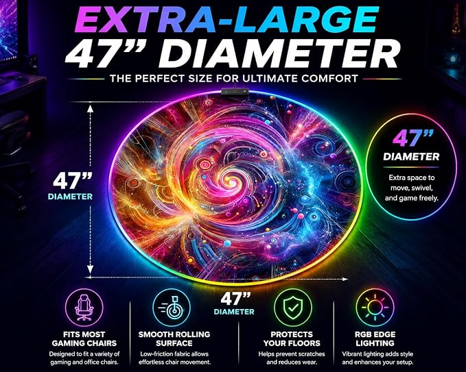 Gaming Chair Mat for Hardwood Floor Circle RGB Gaming Lights (Neon 47”) - Noise Cancelling, Anti-Slip Gamer Floor Mat – Scratch Resistant Computer Gaming Mat for Chair – Office Chair Mat - Image 7