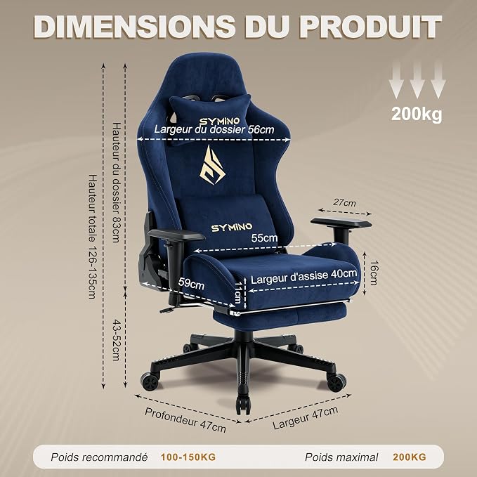 Symino Gaming Chair, High Back Ergonomic Office Chair with 2D Adjustable Armrests, 150° Recline, Breathable Faux Suede, Adjustable Headrest & Footrest for Home Office - Image 3