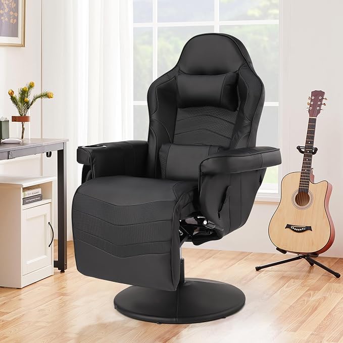 Massage Gaming Recliner Chair with Cup Holder & Side Pockets – Ergonomic PU Leather Video Gaming Chair with Footrest, Manual Recline, Headrest & Lumbar Support for Office or Game Room (Black) - Image 8