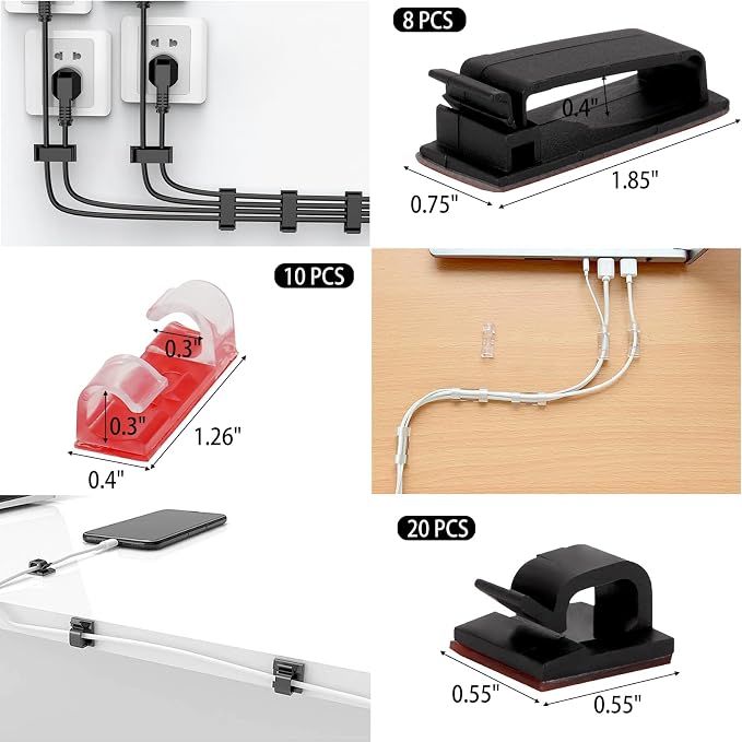 604 Pcs Cable Management Kit, 4 Cord Organizer Sleeve, 7 Cable Holder, 38 Adhesive Cord Clips, 40 Pcs+5 Roll Cable Organizer Straps 200 Cable Ties 300 Cable Wire Clips for PC TV Under Desk - Image 5