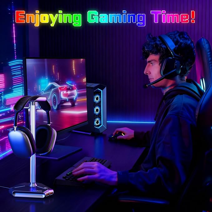 cozoo Desk headset stand Touch RGB Light Stand 4 Color Modes 2 USB Grey | Headphone Stand for Desk with 4 Fixed Colors & RGB Cycle Lighting,Built-in 2 USB2.0 Charging Ports, for Most Gaming Headsets - Image 5