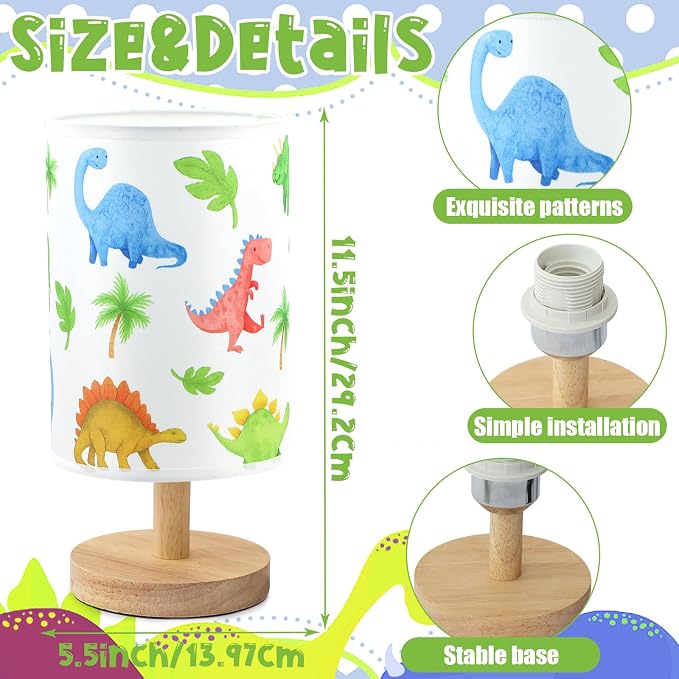 Dinosaur Table Lamp for Kids Bedroom - Cartoon Dinosaur Bedside Lamp with Linen Lampshade Wooden Stand Night Light for Boys Bedroom Living Room Nursery Room Decor Dino Gifts for Boys - Image 2