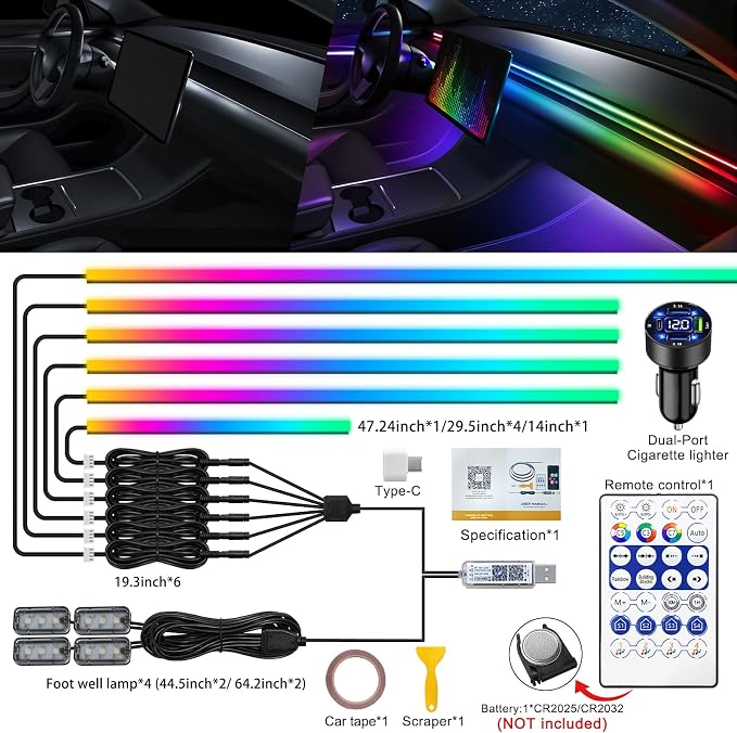 Dreamcolor Acrylic Interior Car LED Strip Light with USB/Type C/4-Port Cigarette Lighter, RGB 10 in 1 with 179.2 inches 650 LEDs Ambient Lighting Kits, Sound Active Function Neon Led Strips for Car - Image 2