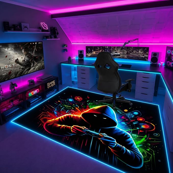 Gaming Rug RGB LED Light (3x5 Gamer) - Bedroom Gamer Rug Floor Mat Gaming Decor - Kids Room Rug Anti Slip Mat for Chair – Play Game Room Décor for Teen, Boys, Kids - Image 7