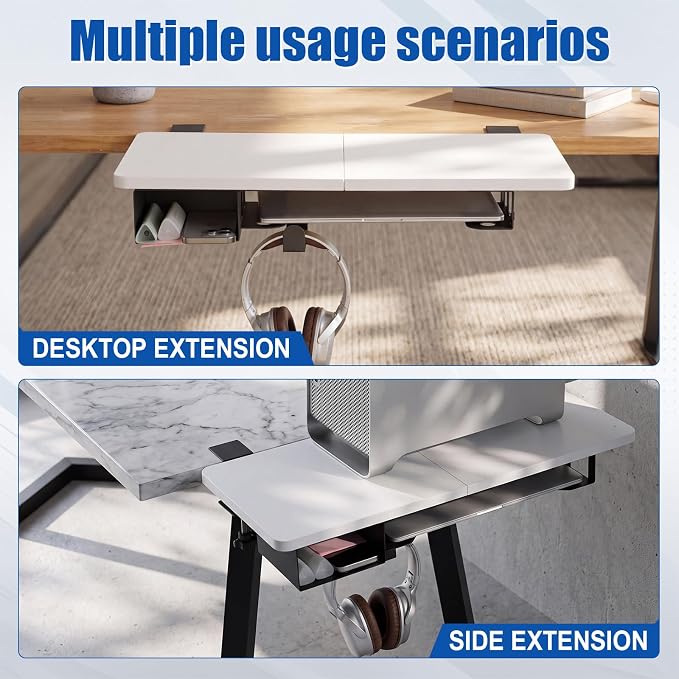 Novabright 24" x 12" Desk Extender Tray with Side Storage Rack Heavy Duty Desk Extender Under Desks Laptop Mount Keyboard Extenders for Desks with a Concealed Storage Area for Cable & Earphone (White) - Image 4
