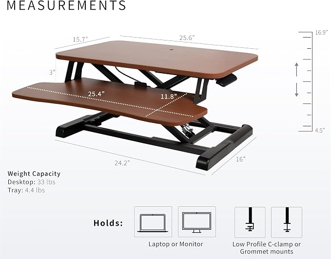 VIVO Dark Walnut 26 in Standing Desk Converter, DESK-V026KA | Height Adjustable, Stand Up Desk Riser, Wide Keyboard Tray, Dual Monitor and Laptop Workstation, Black Frame, K Series - Image 3