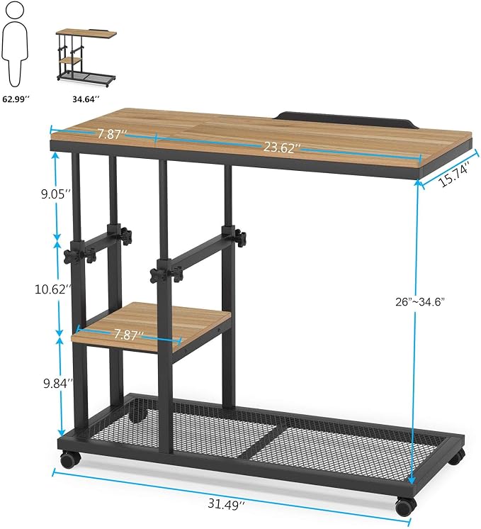 Tribesigns Height Adjustable C Table with Wheels, Mobile Couch Snack Side Table with Tiltable Drawing Board, Sofa Bedside Laptop Stand C Shaped TV Tray with Storage Shelves (Black+Oak) - Image 2