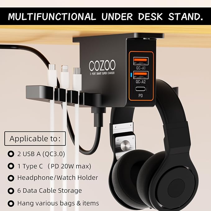 cozoo Desk Headphone Holder Hook Headset Watch Cable Bag Storage Black | 2 USB-A & 1 Type-C Ports; Holds Headphones,Watches, Cables, Various Bags,Multifunctional Desk Storage Hook for Gaming Office - Image 3