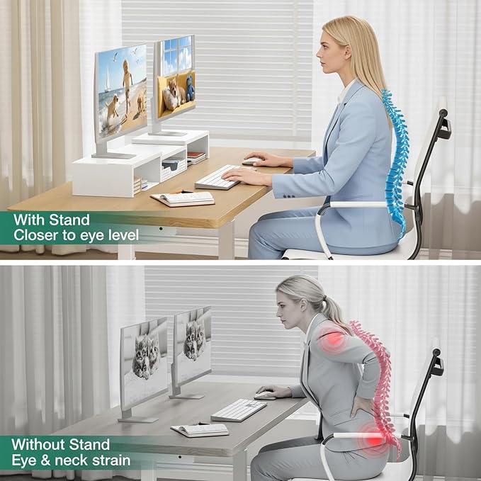 OPNICE Dual Computer Monitor Stand Riser, Desk Organizer with Drawer, Office Desk Accessories & Workspace Organizers for Home Office Supplies, White - Image 6