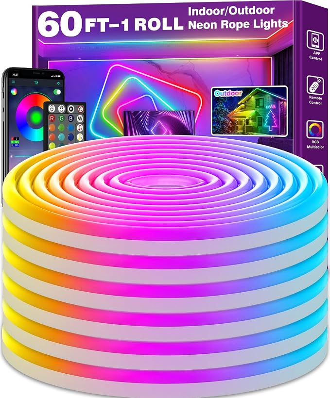 AILBTON 60Ft Neon Rope Lights,Flexible Led Rope Lights Control with App/Remote,Multiple Modes Music Sync Gaming RGB Led Neon Lights for Bedroom Outdoor by AILBTON