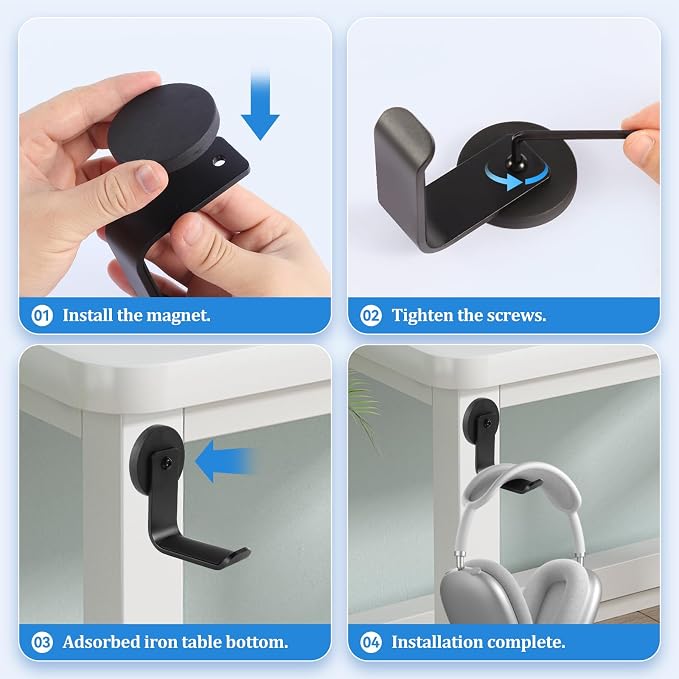 Magnetic Headphone Holder, Aluminum Headset Hook for Desk & Table | Headphone Hanger, Headphone Mount Stand with Rubber Pad, Compatible with All Computer/Gaming Headsets (Black) - Image 3