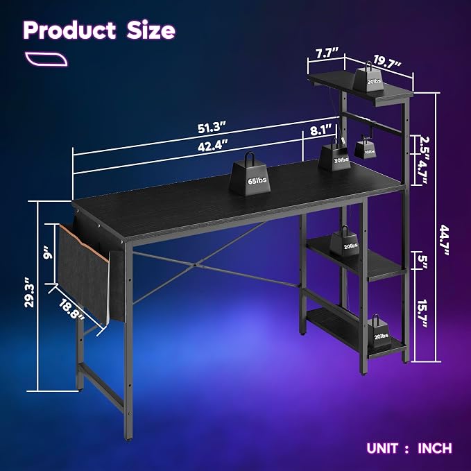 Bestier Gaming Desk with LED Lights, 51.3 Inch Computer Desk with 4 Tiers Reversible Shelves, Home Office Writing Desk with Side Storage Bag, Hooks and Height Adjustable Shelf (Black Grained) - Image 2