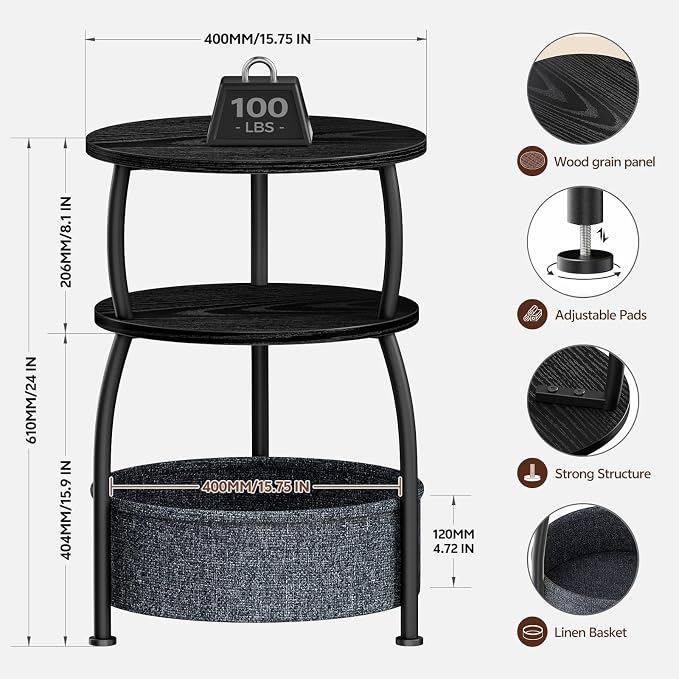 Round Side Table with Storage Basket, End Table Living Room, Black - Image 9