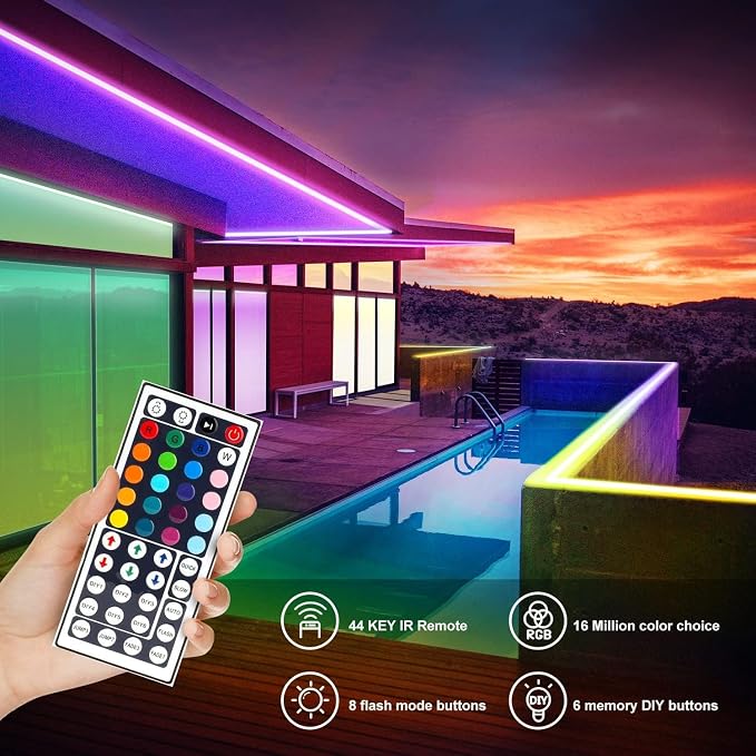 DAYBETTER Waterproof Led Lights for Bedroom, 32.8ft (2 Rolls of 16.4ft) Led Strip Lights, 300 LEDs Color Changing RGB 44 Keys Remote Controller, 12v for Outdoor Room Home Party Christmas Decoration - Image 8